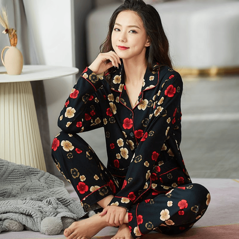 2022年新款睡衣女长袖春秋款碎花冬款黑色家居服套装