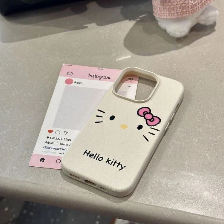 KT猫表情适用苹果16promax/15手机壳14plus荔枝纹13/12防摔11软套