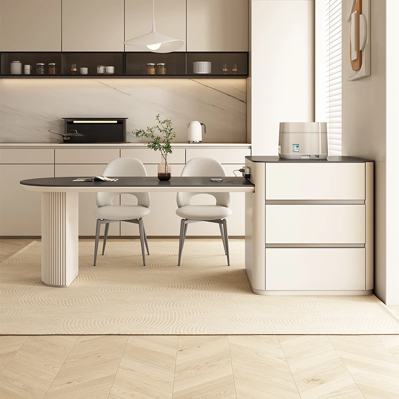 迪联现代简约岩板岛台餐桌一体可伸缩奶油风家用轻奢小户型中岛台