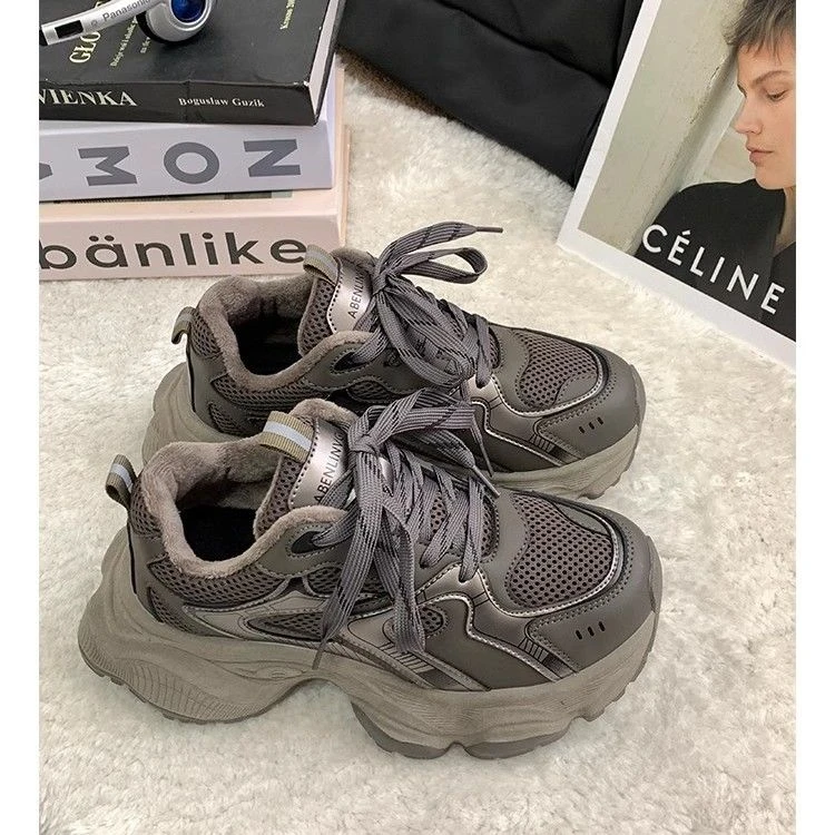 加绒灰色老爹鞋ins复古2023新款百搭森系学生厚底休闲棉鞋运动鞋