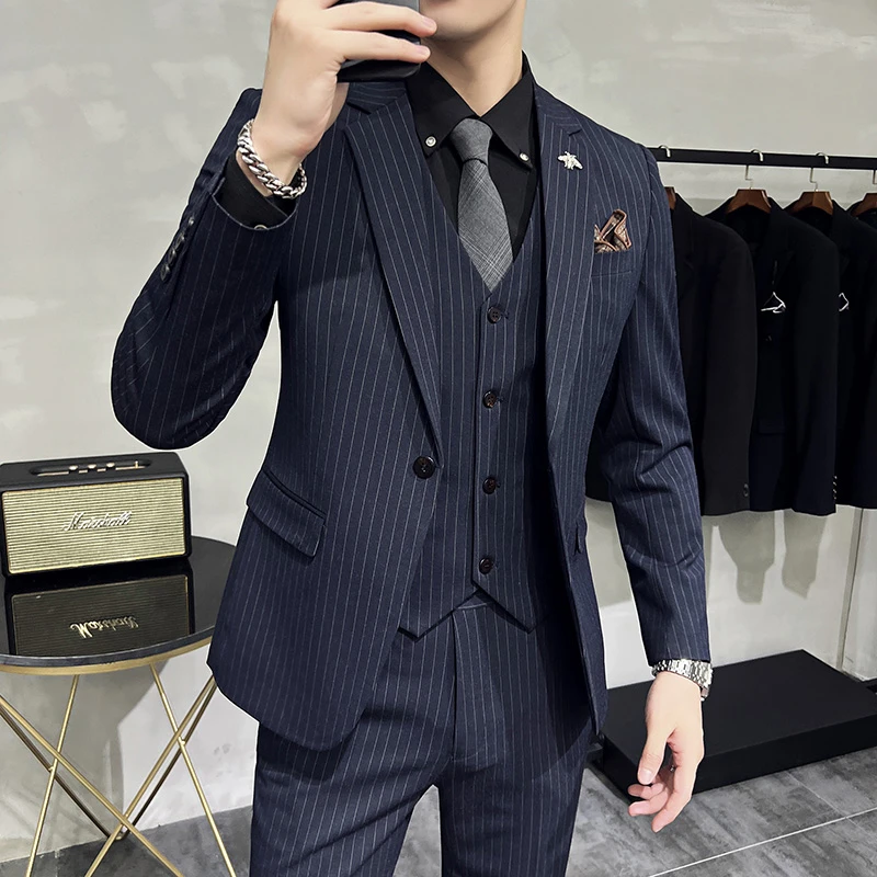 啄木鸟西服套装男新郎结婚礼服修身韩版条纹休闲帅气英伦风潮流