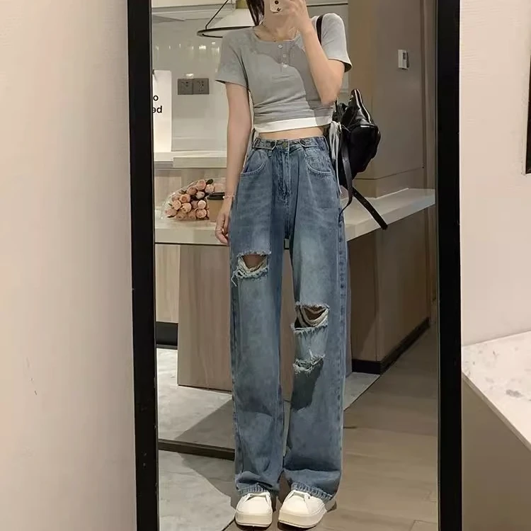 破洞牛仔裤女2024夏季新款大码胖mm高腰可调节腰围梨形身材长裤子
