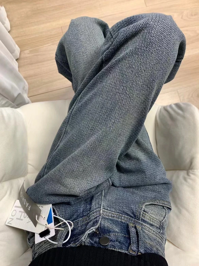 高腰直筒麦穗牛仔裤女2025秋季大码女装胖mm遮肉牛仔裤宽松阔腿裤