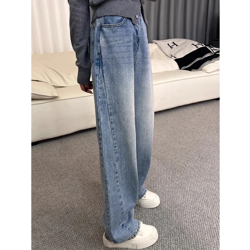 高腰弯刀牛仔裤女2025秋季大码女装宽松香蕉裤遮肉阔腿拖地长裤