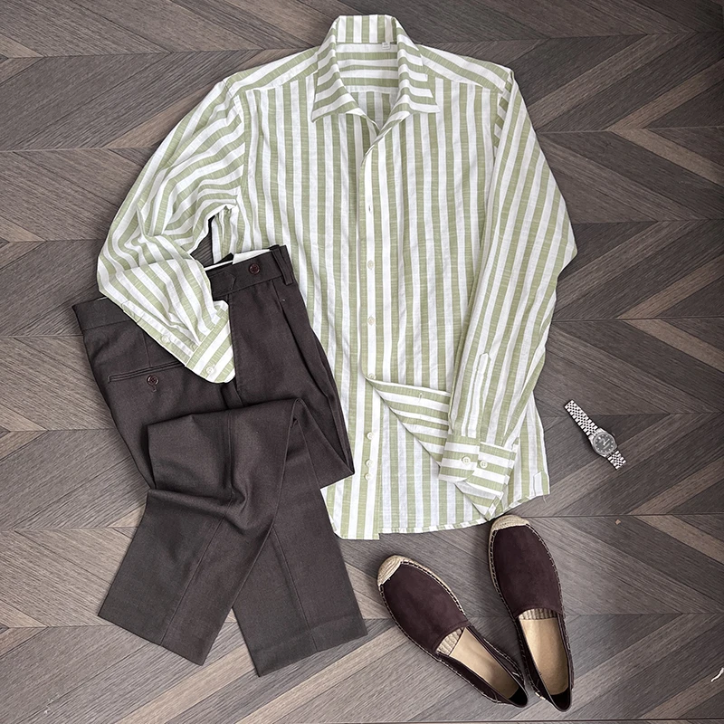意式那不勒斯老钱风一片领条纹衬衫男士高定英伦绅装商务长袖衬衣