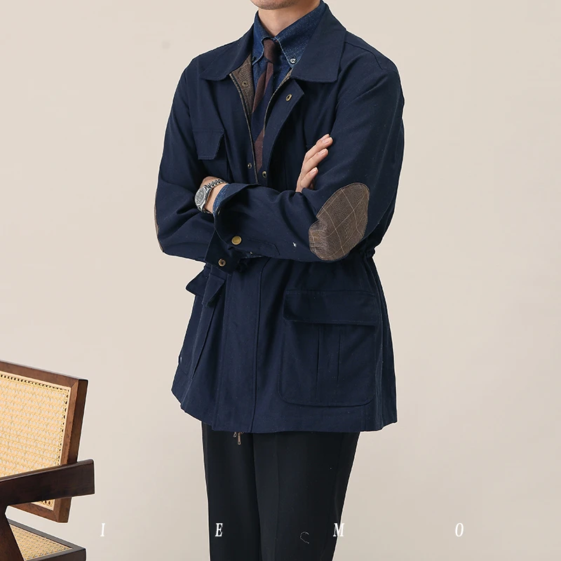 春季时尚轻奢亚麻绅装猎装外套男时尚复古英伦收腰帅气翻领夹克潮