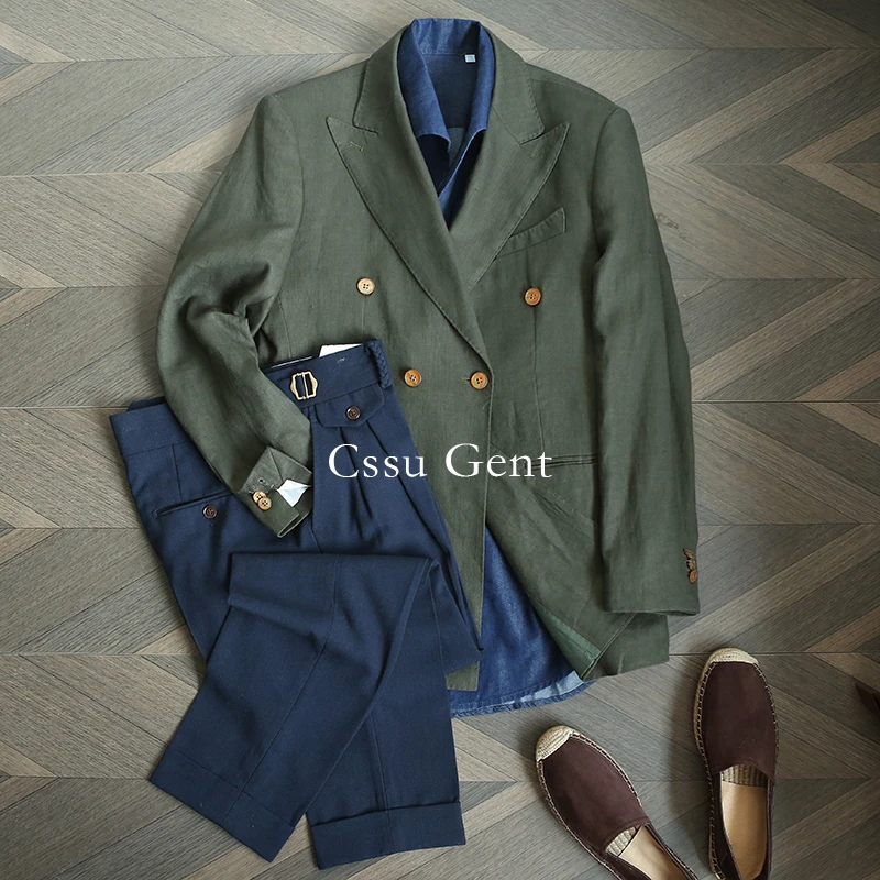 Cssu Gent春夏季那不勒斯经典枪驳领双排扣100%亚麻西服男士绅装