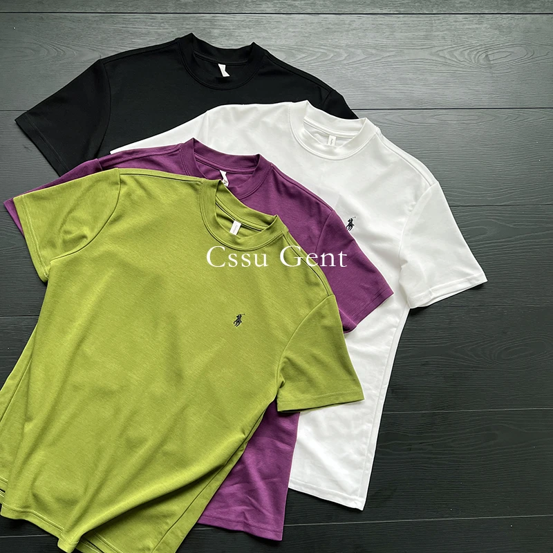 Cssu gent夏季重磅高级挺阔感圆领纯色短袖T恤男士精致刺绣透气t