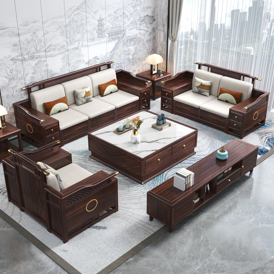 ☆B9363☆新乌金木别墅实木储物全套高箱客厅新乌金木沙发