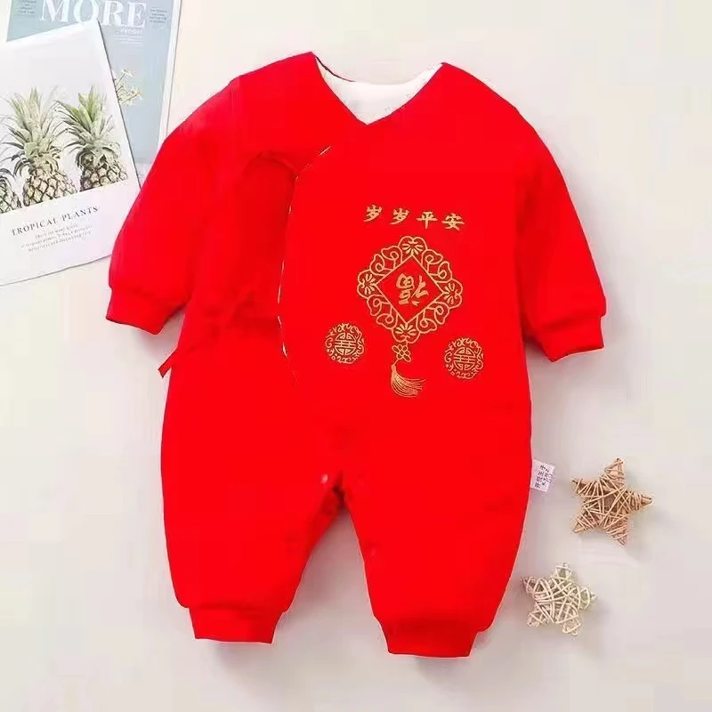 拜年服宝宝春秋加绒保暖红色宝宝连体爬服(100克夹棉)