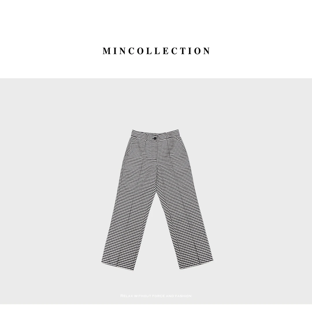 DE Mincollection格纹开叉裤/黑白细格纹通勤开叉直筒休闲裤40018