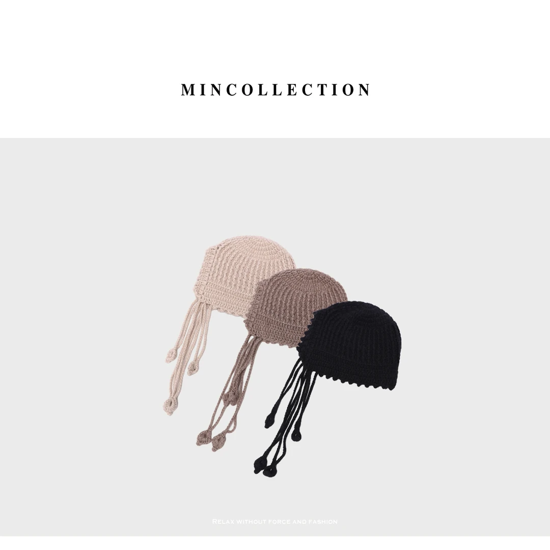 DE Mincollection秋冬重工手工钩织流苏保暖护耳羊绒针织帽