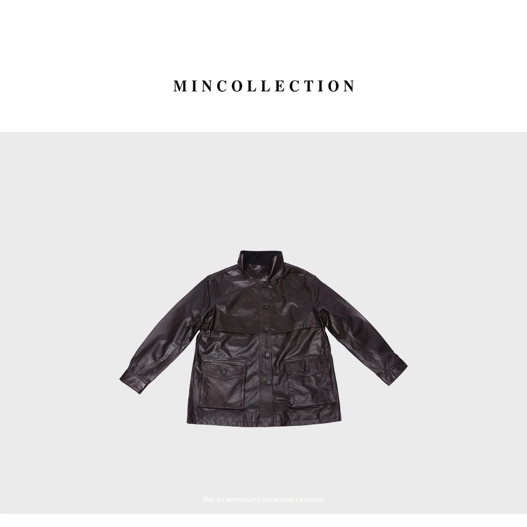 DE Mincollection立领廓形皮衣/新西兰进口油蜡绵羊皮衣DYW248706