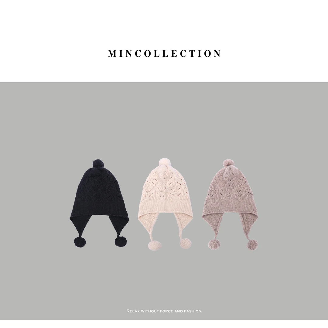 DE Mincollection秋冬钩花100羊绒毛球护耳针织帽37676