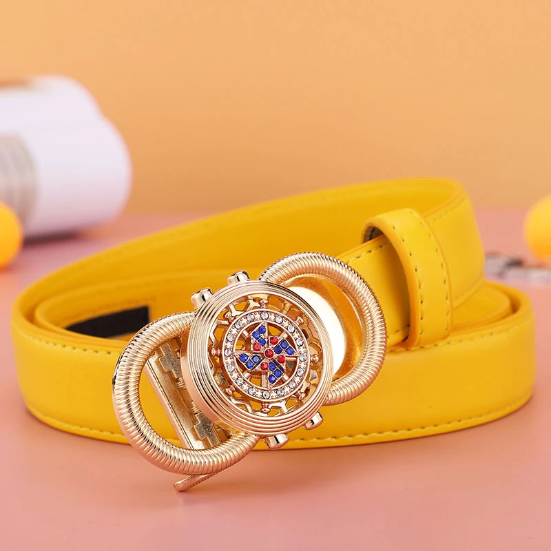 2023新款女士皮带真皮时尚百搭时来运转黄色腰带装饰牛仔裤带无孔