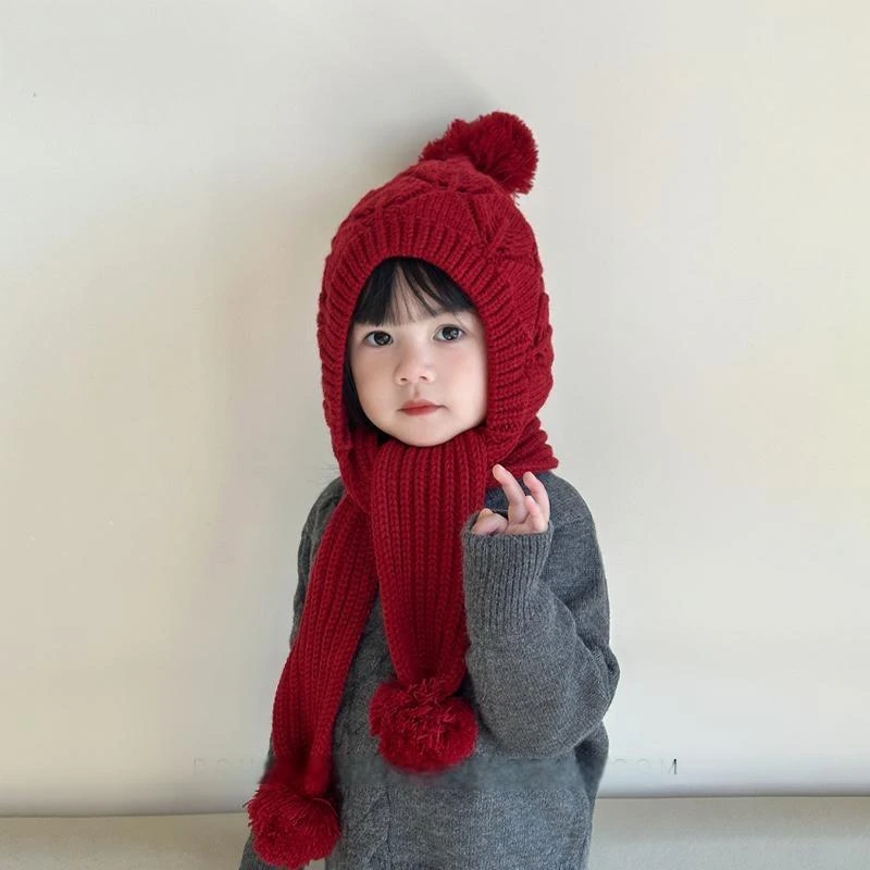 国风新年红儿童帽子女宝宝冬季保暖宝宝套头帽可爱围巾一体护耳帽