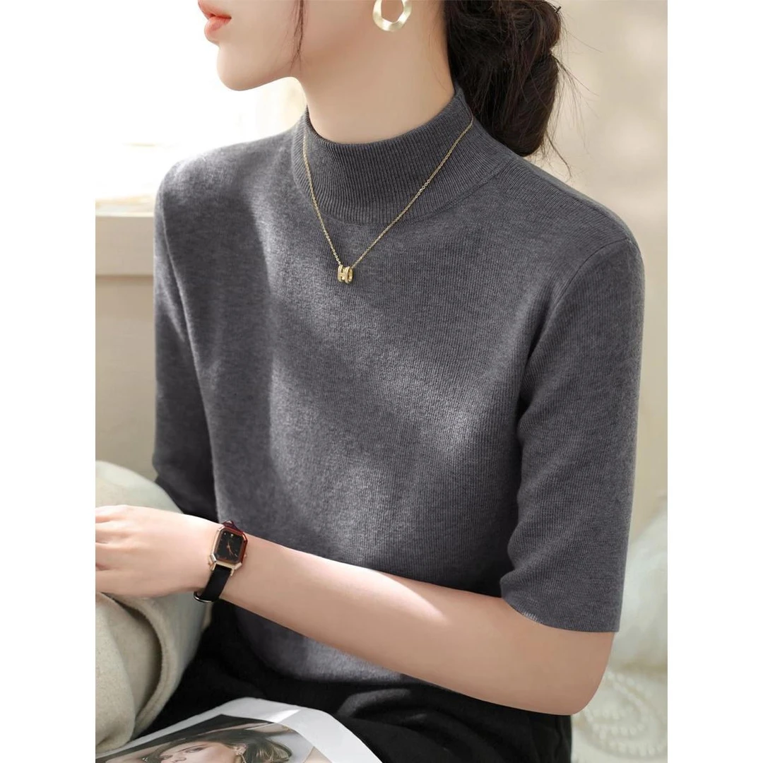 2025春秋春夏季新款高领中袖百搭针织衫毛衣修身显瘦气质打底上衣