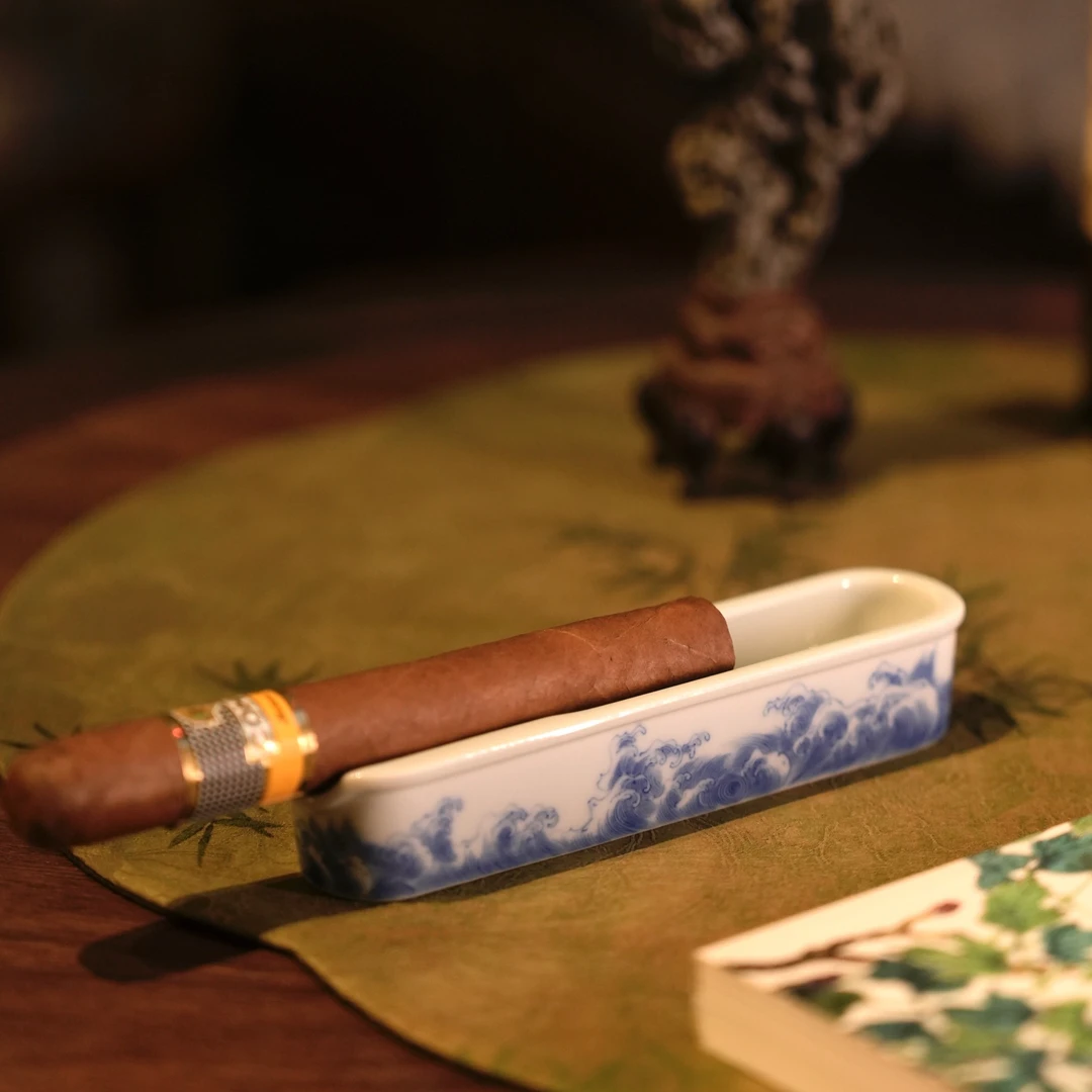 念物山坊 青花鱼藻 海浪单人便携雪茄缸 手绘 手工