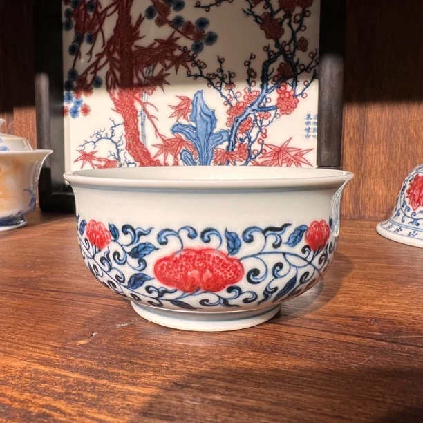 【念物山坊】 青花釉里红 缠枝灵芝 炉式杯 主人杯手绘 景德镇