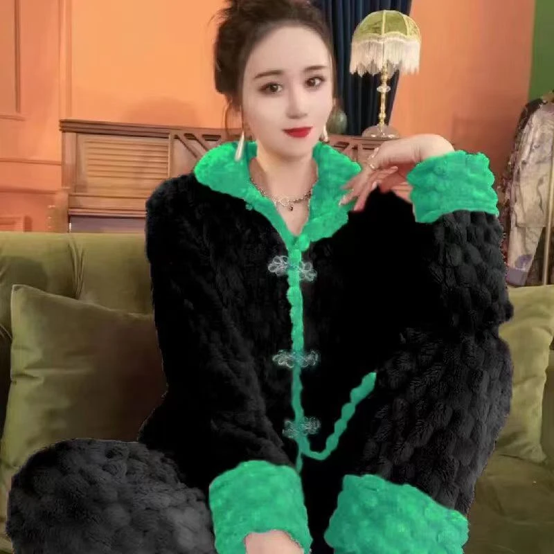 国风盘扣睡衣女秋冬季珊瑚绒加厚加绒保暖高级感玫红家居服套装