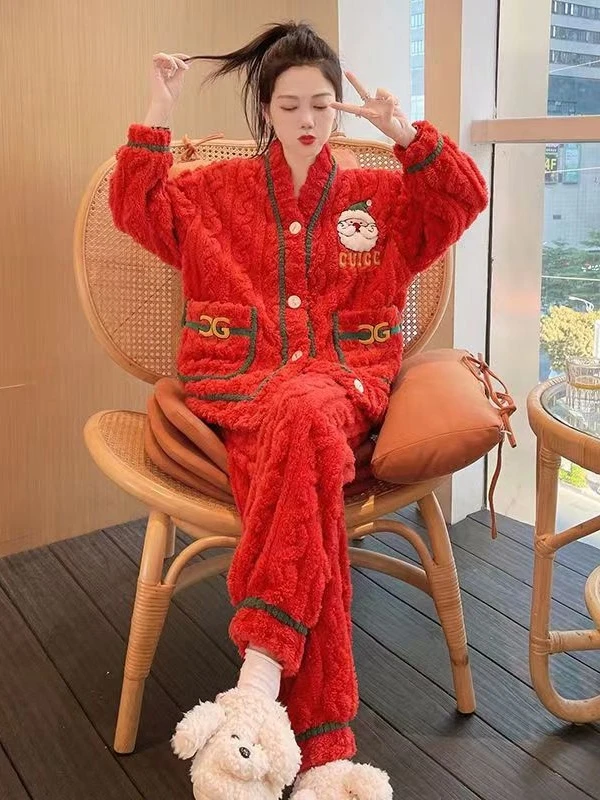 珊瑚绒套装冬款家居服大码加绒加厚保暖卡通冬天圣诞老人长女睡衣