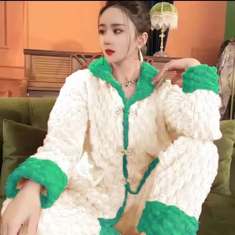 国风盘扣睡衣女秋冬季珊瑚绒加厚加绒保暖高级感玫红家居服套装