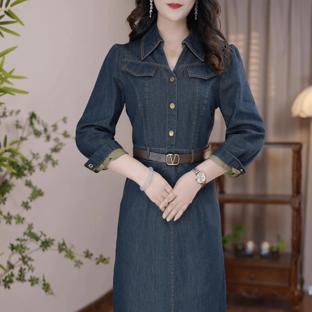 2024秋季新款洋气气质修身时尚牛仔腰带收腰长袖连衣裙女装连衣裙