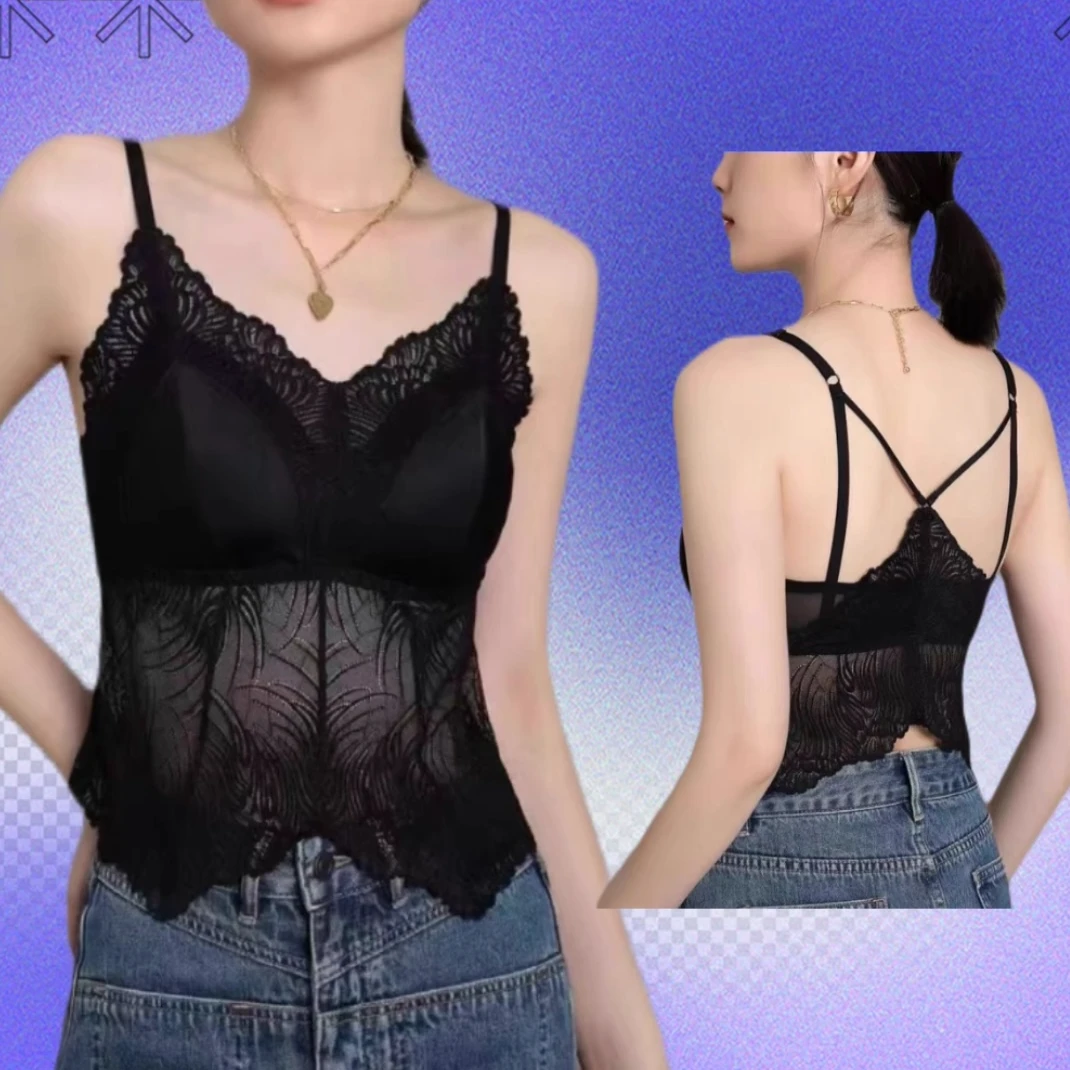 百搭新款吊带美背背心蕾丝带胸垫性感交叉后背修身显瘦打底内衣女