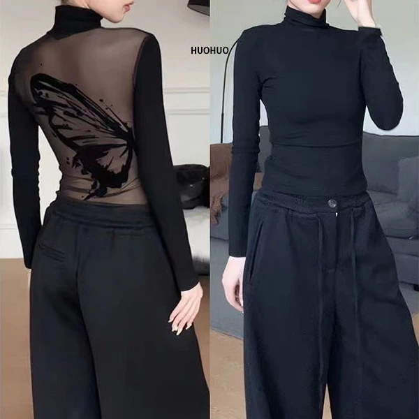 显瘦打底春季新款蝴蝶黑色打底衫辣妹修身长袖内搭高质量美背吊带