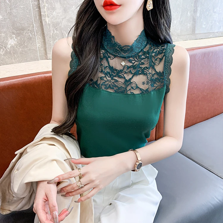 新款半高领蕾丝打底衫女镂空网纱内搭洋气高档无袖背心T恤打底衫