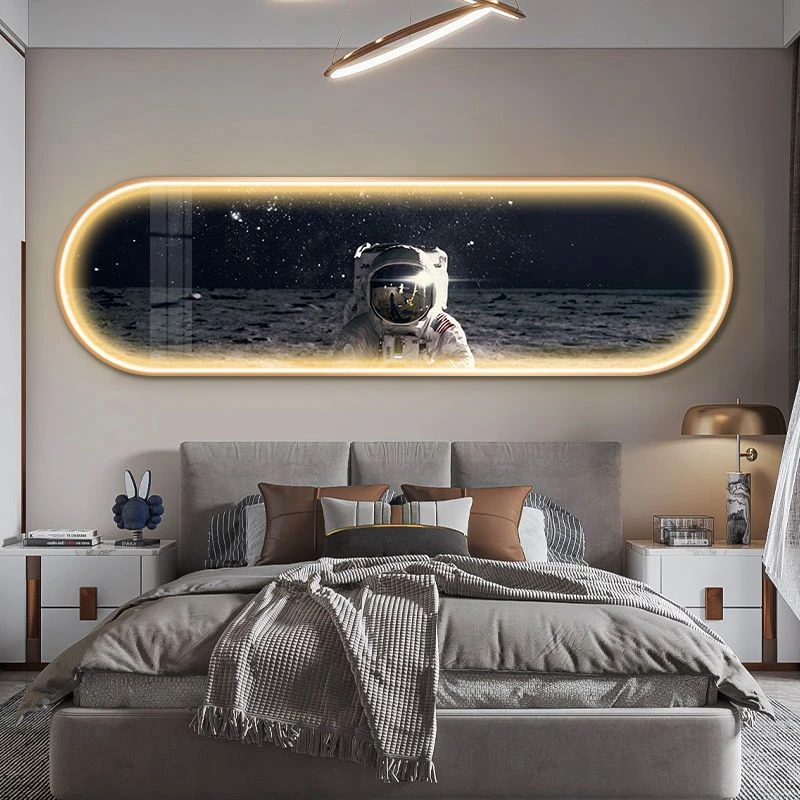 现代轻奢卧室床头画led带灯挂画灯画卡通宇航员客厅沙发背景墙画