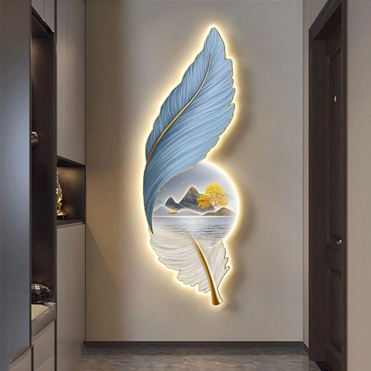 现代轻奢玄关装饰画入户走廊发光羽毛挂画山水简约高级感大气壁画