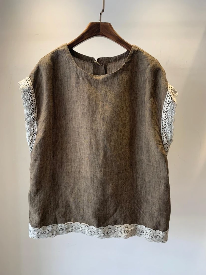 复古文艺水溶蕾丝拼接无袖背心砂洗汉麻格子小衫女MXQ 022