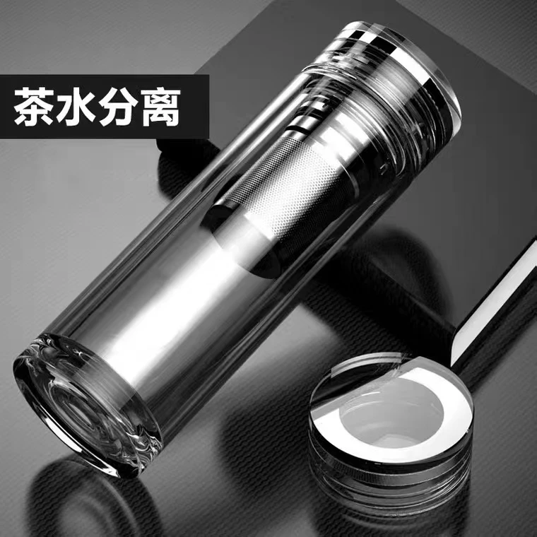 高档32面简约玻璃杯双层隔热男士铂金管料透明茶水分离泡茶杯便携