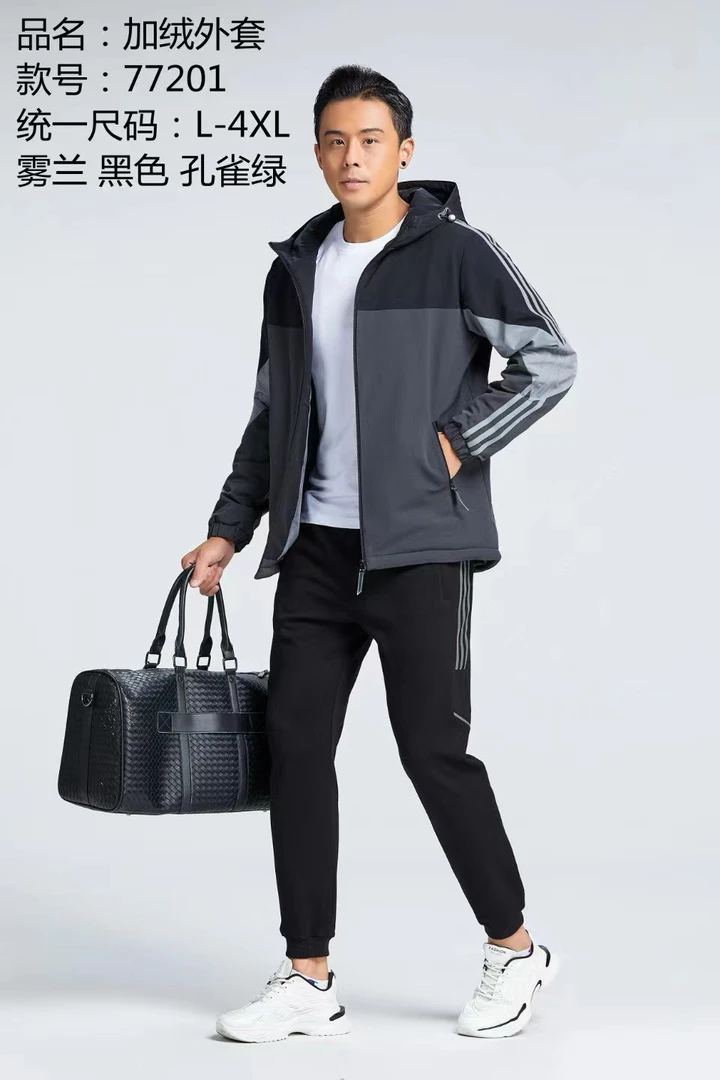 77201加绒棉衣男士冬季加厚保暖棉服运动休闲连帽外套宽松防风