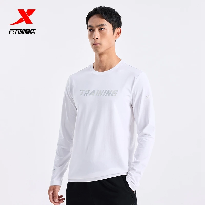 特步长袖T恤男2025秋季新款圆领防晒运动上衣透气套头休闲户外