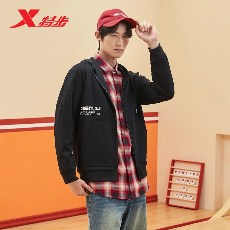 特步运动外套男2025春季新款宽松连帽开衫夹克男士上装休闲长袖