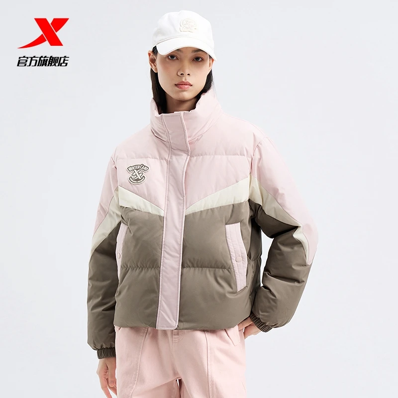 特步有暖气运动羽绒服女款2025冬季立领保暖棉衣宽松鸭绒外套上衣