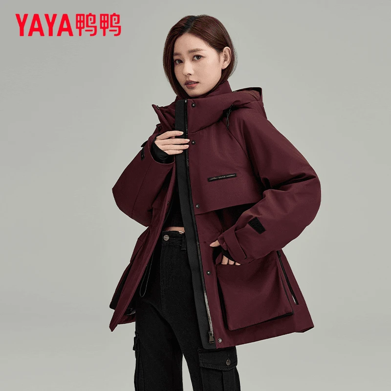 【佟丽娅款】YAYA/鸭鸭羽绒服女中长款时尚百搭收腰派克工装厚外套