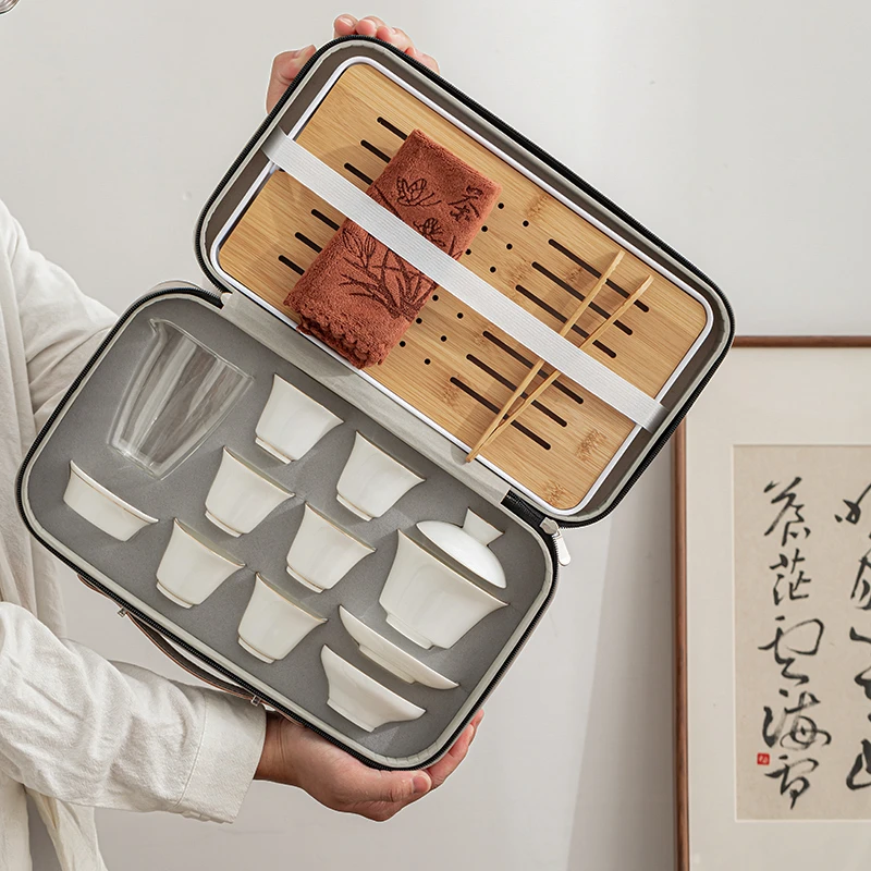 瓷-路轻奢白瓷羊脂玉便携旅行功夫茶具套装家用陶瓷盖碗茶杯整套