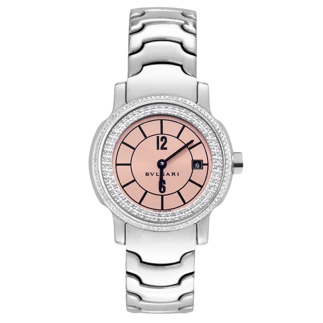 99新 BVLGARI/宝格丽 Solo Tempo系列29黑针粉盘后钻表/WHT020312