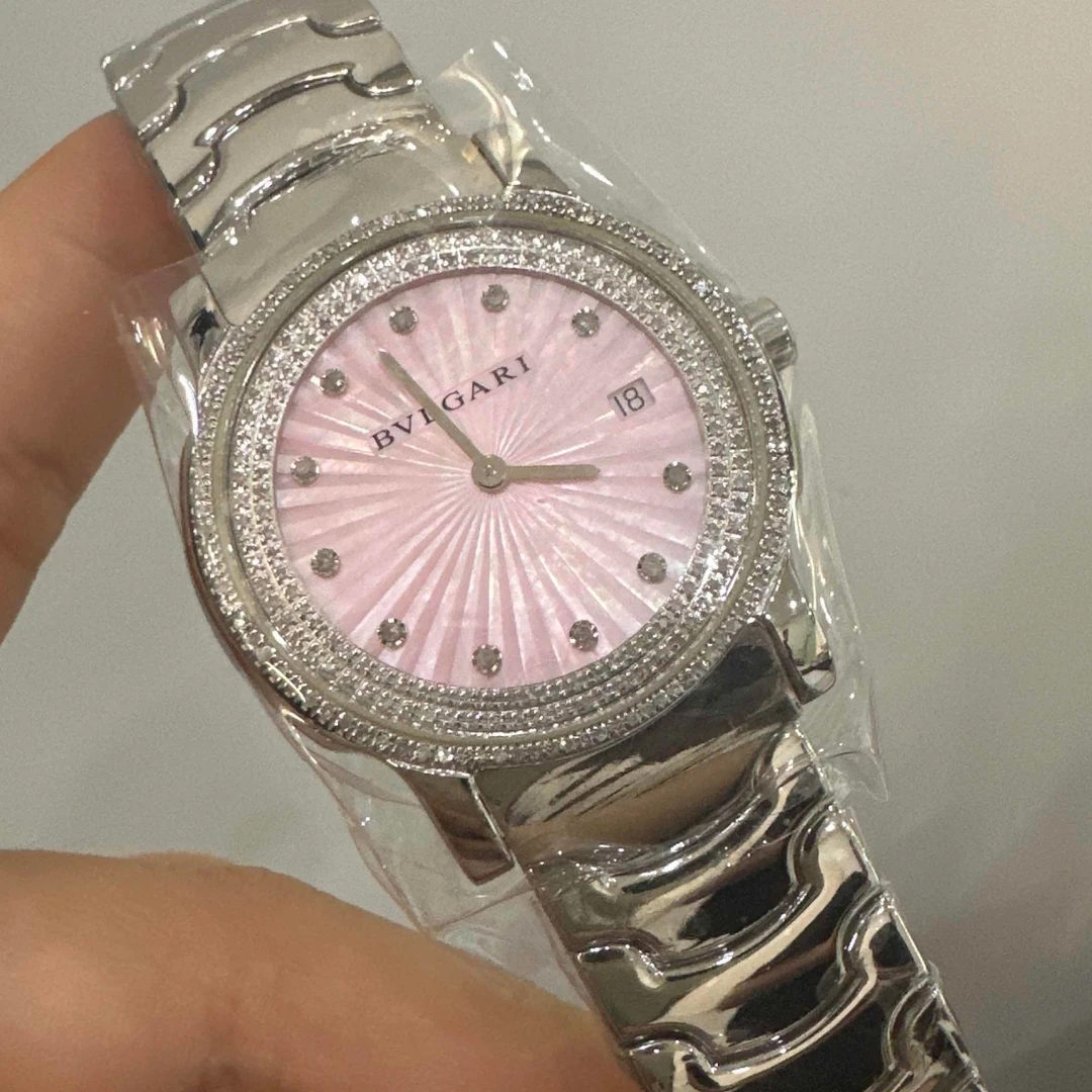 99新 BVLGARI/宝格丽 35mm精钢后钻石英腕表/粉贝母时尚百搭女士