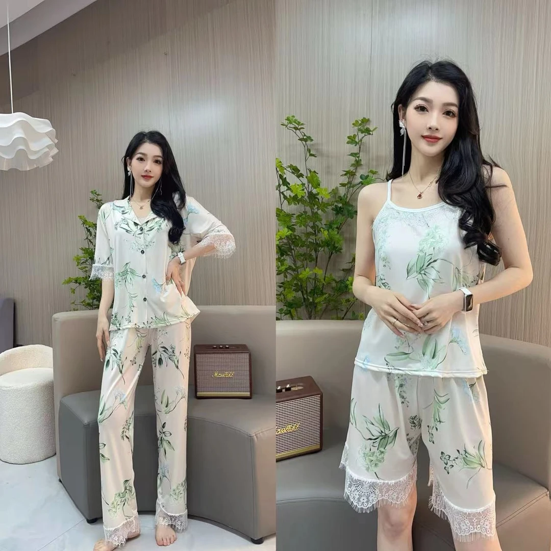 夏季新款冰丝睡衣女套装套装蕾丝竹叶四件套夏女甜美宽松百塔外穿