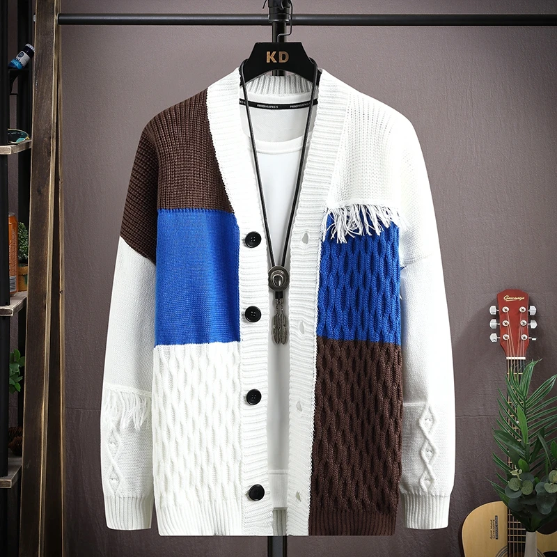 潮牌慵懒风毛衣外套男士春秋季潮流宽松外搭v领男生针织线衣开衫