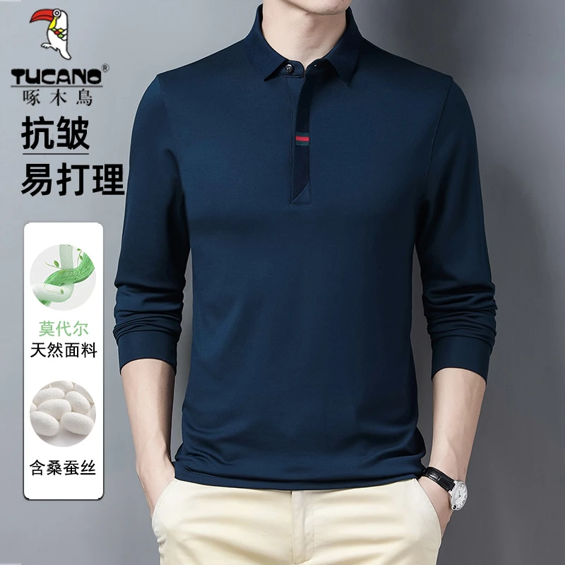 TUCANO/啄木鳥春秋季爸爸装休闲polo衫中年男士桑蚕丝长袖翻领t恤