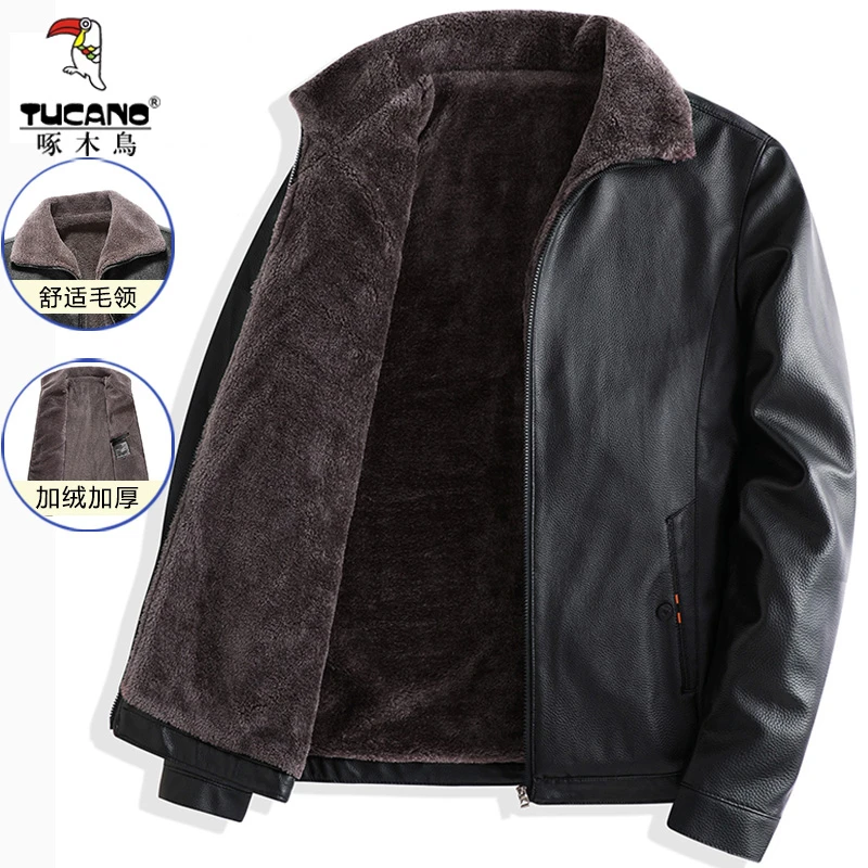 TUCANO/啄木鳥中老年加绒加厚秋冬休闲翻领PU皮毛一体夹克爸爸装