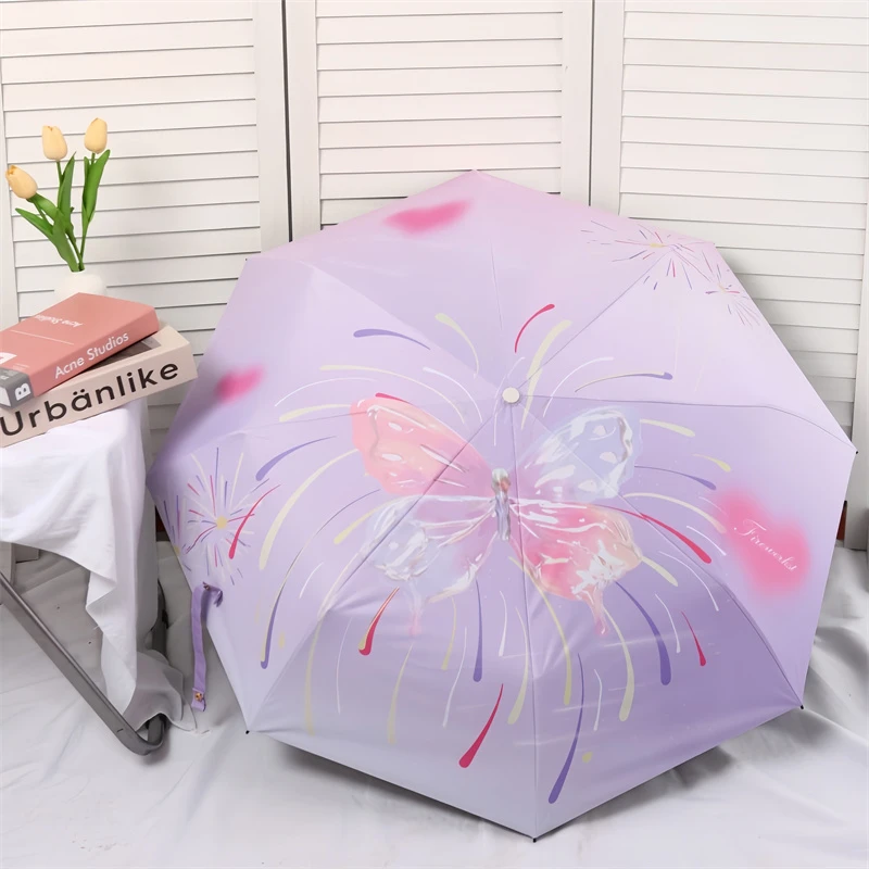 粉色蝴蝶烟花可爱时尚国风简约晴雨伞遮阳伞太阳伞黑胶防晒两用