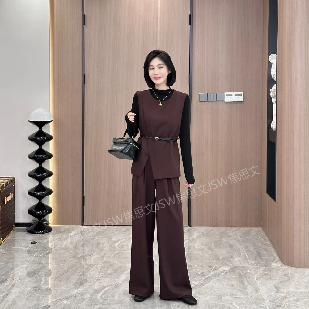 大促福利 秋季时尚气质马甲+打底+直筒休闲裤三件套装YL2408171