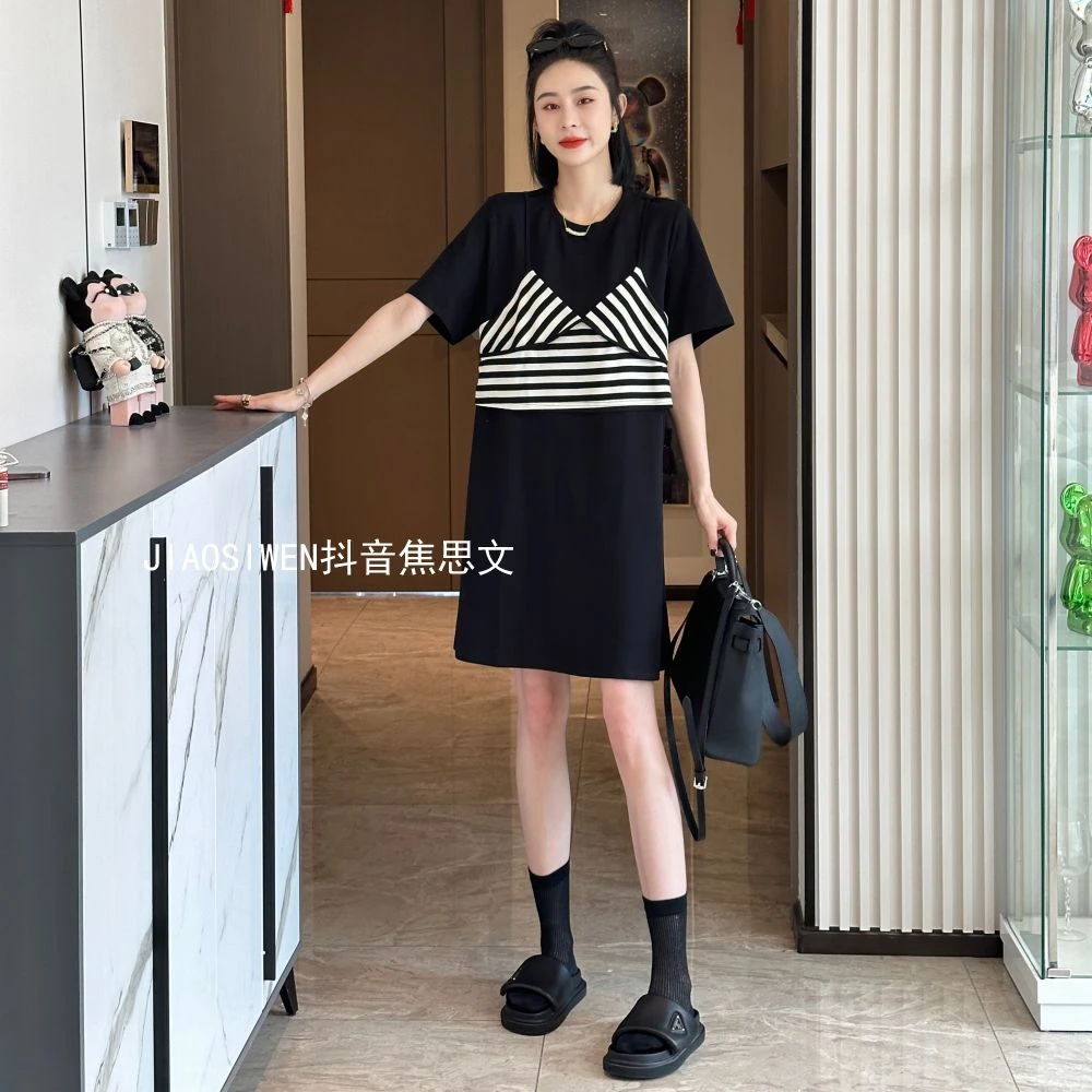 大促福利  时尚休闲宽松遮肉百搭拼接长款短袖连衣裙JL3706