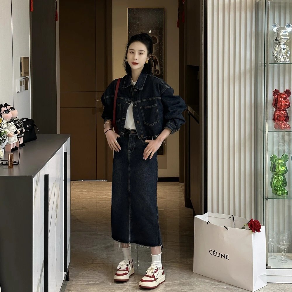 福利品  时尚百搭水洗牛仔外套加半身裙两件套装J999F830